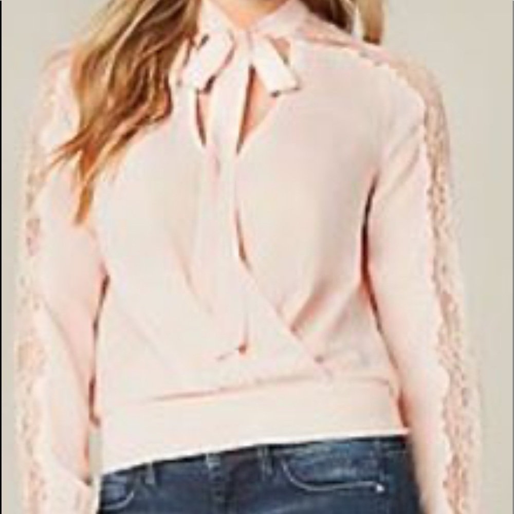 Bebe Pink Lace Inset Neck Tie Blouse